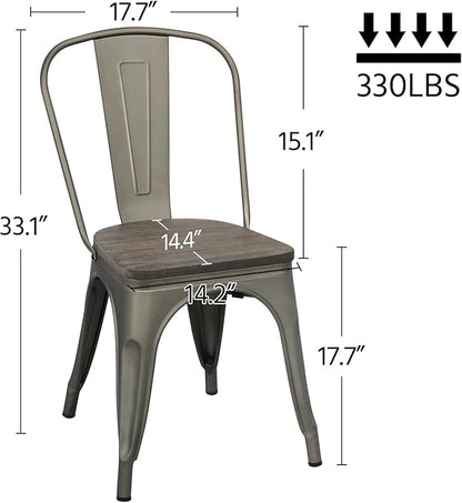 Yaheetech Metal Dining Chairs with Wood Seat/Top Stackable Side Chairs Kitchen Chairs with Back Indoor-Outdoor Classic/Chic/Industrial/Vintage Bistro Cafe Trattoria Kitchen Gun Metal, Set of 4