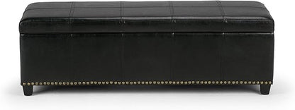 SIMPLIHOME Kingsley 48 inch Wide Transitional Rectangle Large Storage Ottoman in Midnight Black Vegan Faux Leather, Assembled, For the Living Room, Entryway and Family Room