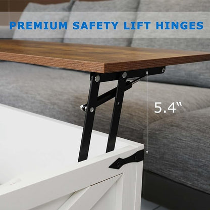 Farmhouse Coffee Table Set of 3, Lift Top Coffee Table with Sliding Barn Doors and Nightstands Set of 2 with Charging Station, Living Room Table Set for Home Office, White