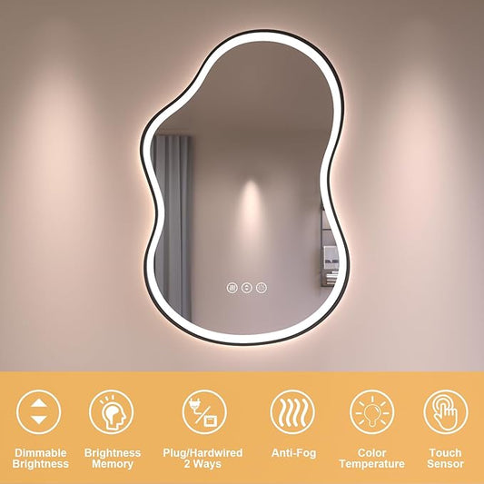 WTTY LED Irregular Bathroom Mirror 26x46 Inch with Front & Back Lights - Asymmetrical Design, Anti-Fog, Dimmable 3 Color Temperatures, Shatterproof Glass, Horizontal or Vertical Mount (Black Frame)