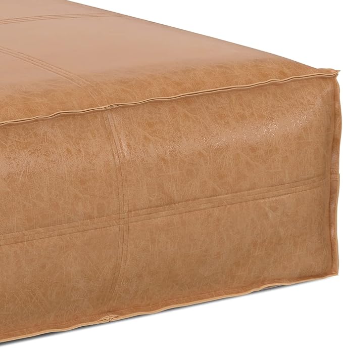 SIMPLIHOME Brody 36-inch Wide Extra Large Square Coffee Table Pouf in Distressed Brown Vegan Faux Leather, Boho-Style Ottoman, Footrest, or Extra Seating for Living Room, Assembled