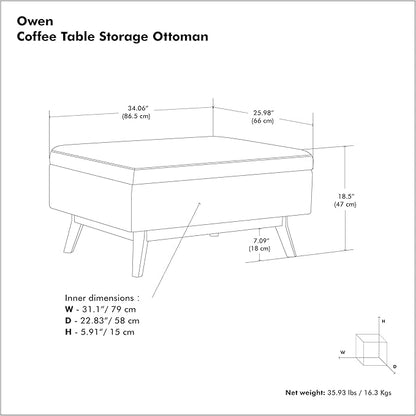 SIMPLIHOME Owen 34 inch Wide Mid Century Modern Rectangle Coffee Table Storage Ottoman in Distressed Grey Taupe Vegan Faux Leather, Assembled, for the Living Room, Entryway and Family Room