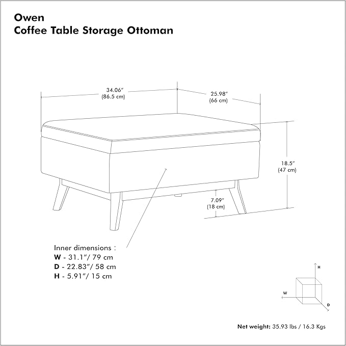 SIMPLIHOME Owen 34 inch Wide Mid Century Modern Rectangle Coffee Table Storage Ottoman in Ebony Tweed Look Fabric, Assembled, for the Living Room, Entryway and Family Room