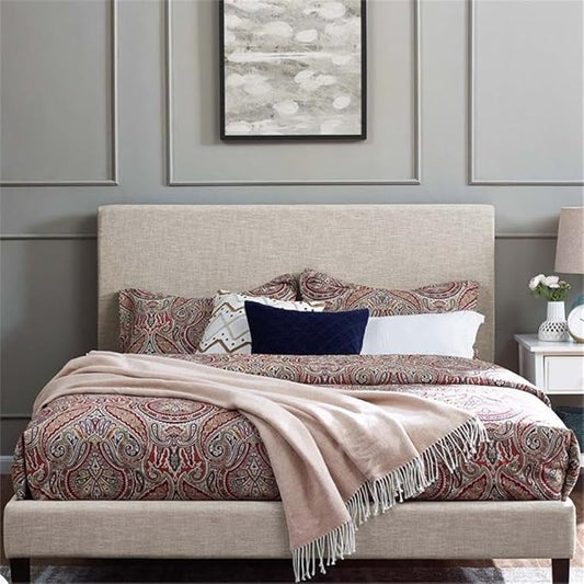 Pemberly Row Full/Queen Upholstered Linen Fabric Headboard in Beige