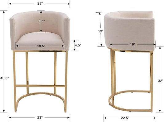 Contemporary Cream Linen Bar Stools Set of 3, 32" Upholstered Fabric Counter Height Barstool Kitchen Counter Island Stools with Golden Metal Base