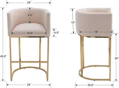 Contemporary Cream Linen Bar Stools Set of 4, 32" Upholstered Fabric Counter Height Barstool Kitchen Counter Island Stools with Golden Metal Base