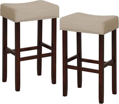 COSTWAY Set of 4 Bar Stools, 29.5-inch Backless Saddle Stools with Nailhead Trim, Rubber Wood Frame, Footrest, Max Load 330 lbs, Upholstered Barstools for Kitchen Island Pub, Beige