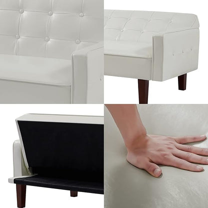 74" Loveseat Sofa with Vintage Button Tufting, Faux Leather Convertible Sleeper Futon Sofa Bed with Spring Cushion and Wood Legs for Apartments, Offices, Reception Areas, Living Rooms, White
