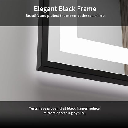 LED Mirror, 40x24 Inch Black Framed Gradient Front and Backlit Lighted Vanity Mirror, 3 Colors Dimmable CRI>90, IP54 Enhanced Anti-Fog Wall Mounted LED Bathroom Mirror