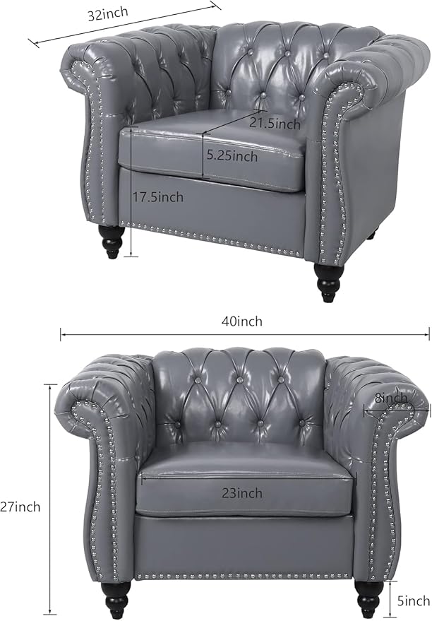 Living Room Chair, Modern Leather Chesterfield Sofa Chair, Mid Century Single Sofa Couch Chair with Tufted Back and Rolled Arms, Accent Sofa Chair for Living Room Apartment, Grey