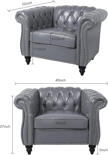 Living Room Chair, Modern Leather Chesterfield Sofa Chair, Mid Century Single Sofa Couch Chair with Tufted Back and Rolled Arms, Accent Sofa Chair for Living Room Apartment, Grey