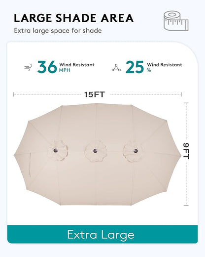 SERWALL HDPE Patio Furniture Set with 15FT Double Side Patio Umbrella, 7-piece Outdoor Modular Sectional Sofa Set, All Weather Patio Couch Set for Deck, Gray & Gray Cushion（Umbreall Base not Included）