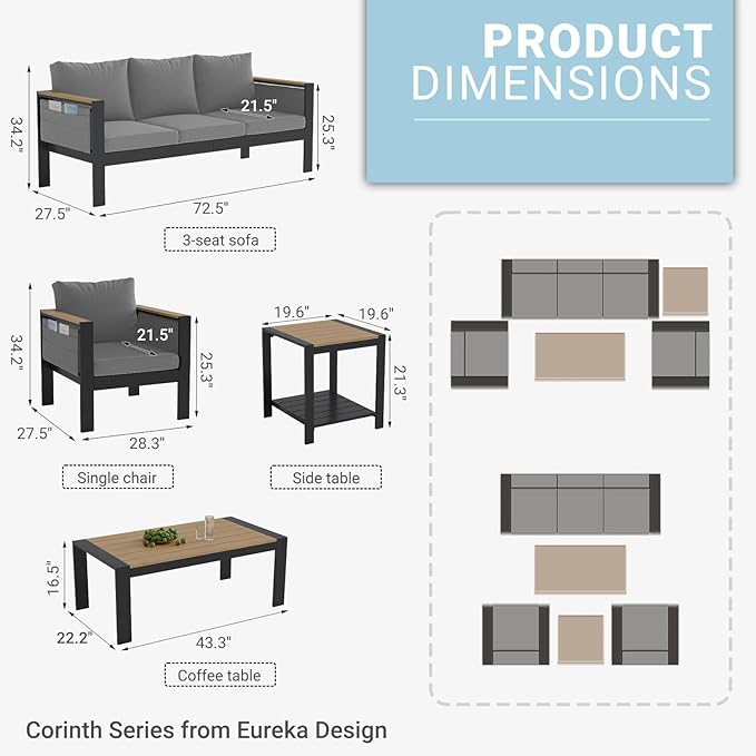 Corinth 5-Piece Aluminum Patio Conversation Set - Outdoor, Porch, Balcony, Yard, Gardern, All Weather Furniture Set with 3 Seater Sofa, Grey