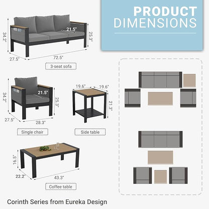 Corinth 5-Piece Aluminum Patio Conversation Set - Outdoor, Porch, Balcony, Yard, Gardern, All Weather Furniture Set with 3 Seater Sofa, Grey