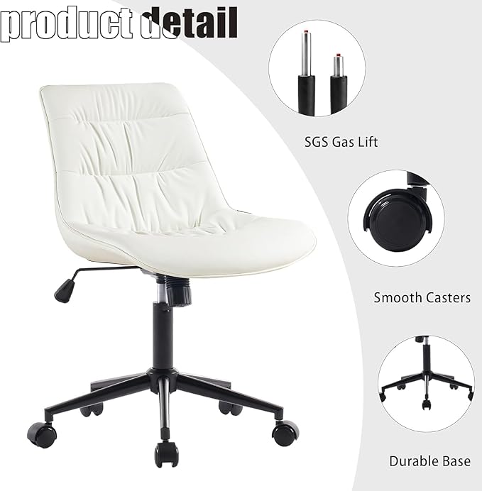 Rowill Leather Office Chair, Ergonomic Armless Desk Chair with Waterproof Cushion & Slient Wheels & SGS-Certified Class 3 Explosion-Proof Gas Lift, Ideal for Home Office, Study and Vanity(White)
