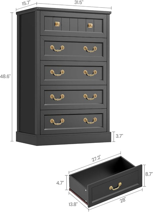 AOGLLATI Farmhouse 5 Drawers Dresser for Bedroom, 48” Tall Wood Rustic Chest of Drawers with Natural Texture, Vintage Design, Black Storage Dresser for Bedroom, Black