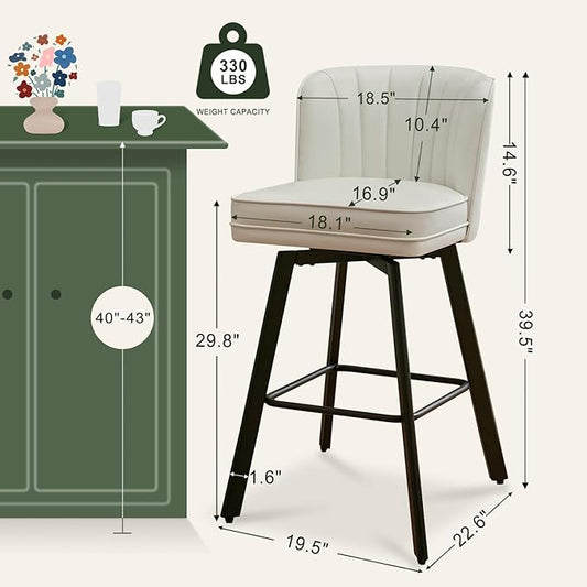 Swivel Counter Height Bar Stools Set of 2, 30'' Modern Barstools with Backs and Metal Legs, Upholstered Bar Chairs, Faux Leather White Stools for Kitchen Island Chairs