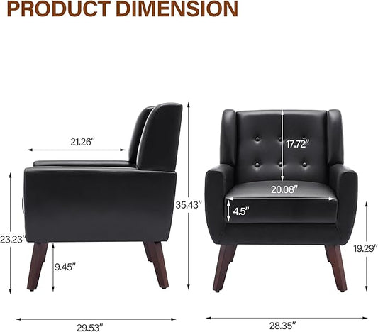 Lumibee Accent Chairs Set of 2, Modern Faux Leather Armchairs for Living Room, Comfy Upholstered Arm Chairs Tufted for Indoor Bedroom Office Room (P Black)