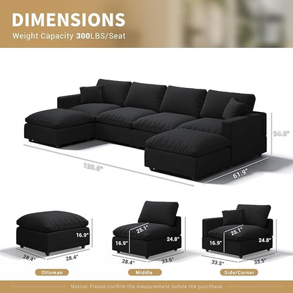 Modern Sectional Linen Couch for Living Room U-Shape Sofas,6 Seat Modular Cloud Sofas,Couches Cushion Covers Removable,Cozy Feather Down Sofa for Apartment Black