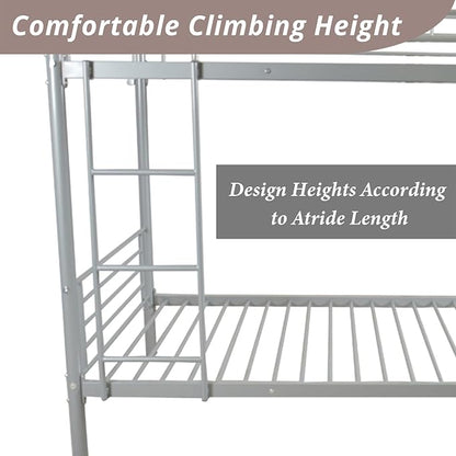 Karl Home Grey Bunk Bed Twin Over Twin, Metal Bunk Bed with Built-in Ladder and Safety Guardrail, Space-Saving Bunk Beds for Kids, Teens & Adults, No Box Spring Needed