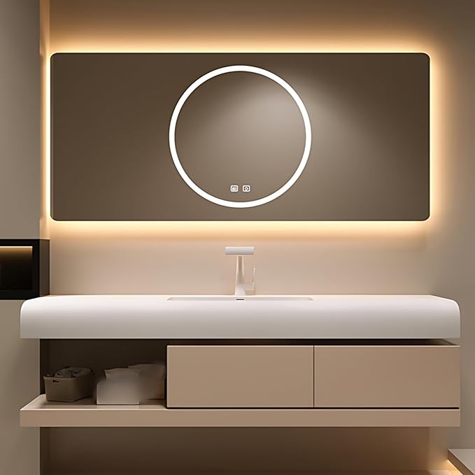 48IN Bathroom Vanity with Sink - Bathroom Cabinet Set has 2 Drawers & Overflow Hole Wall Mounted | LED Practical Defogging Mirror, Open Compartments, Seamless Rock Slab Basin (Khaki)