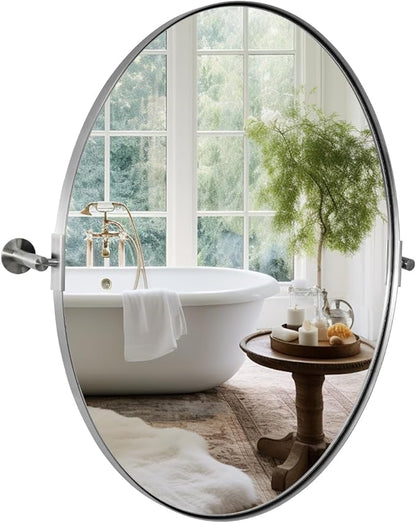 ANDY STAR Brushed Nickel Bathroom Mirror, 22 x 34 Inch Oval Pivot Mirror for Wall, Unique Farmhouse Tilt Mirror in Slim Silver Stainless Steel Metal Frame for Bedroom, Powder Room
