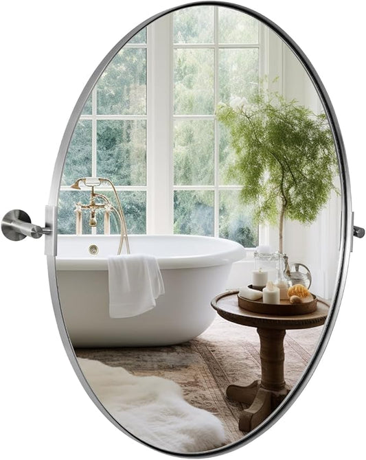 ANDY STAR Brushed Nickel Bathroom Mirror, 20 x 30 Inch Oval Pivot Mirror for Wall, Unique Farmhouse Tilt Mirror in Slim Silver Stainless Steel Metal Frame for Bedroom, Powder Room
