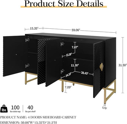 Sideboard Buffet Cabinet with Storage - Accent Storage Cabinet with Doors, Wood 4 Doors Cabinet with Metal Legs, 60" Buffets & Sideboards, Modern Credenza for Living Room (Black)