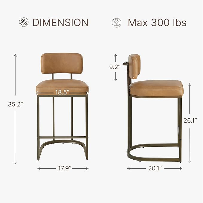 26" H Counter Height Bar Stools Set of 3, Modern Faux Leather Upholstered Barstools with Backrest for Kitchen Island, Gold Metal Frames, Brown