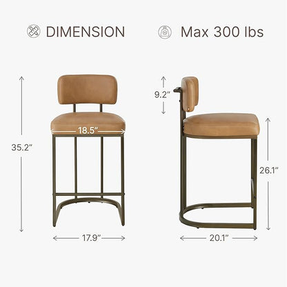 26" H Counter Height Bar Stools Set of 3, Modern Faux Leather Upholstered Barstools with Backrest for Kitchen Island, Gold Metal Frames, Brown