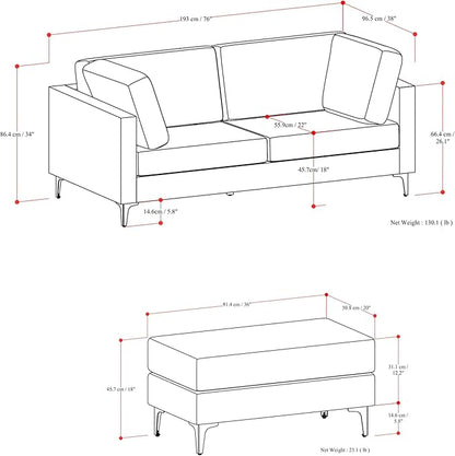 SIMPLIHOME Ava Sofa and Ottoman in 100% Recycled Polyester Performance Fabric, Cream, 76-inch-Wide 2-Seater Loveseat and Matching 36-inch-Wide Table Ottoman for Living Room, 2-Piece Set