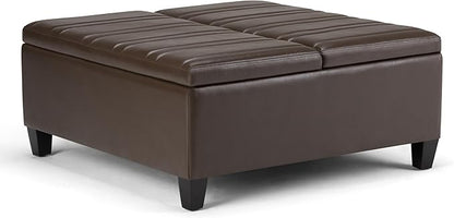 SIMPLIHOME Ellis 36 inch Wide Contemporary Square Coffee Table Storage Ottoman in Chocolate Brown Vegan Faux Leather, Assembled, For the Living Room and Bedroom