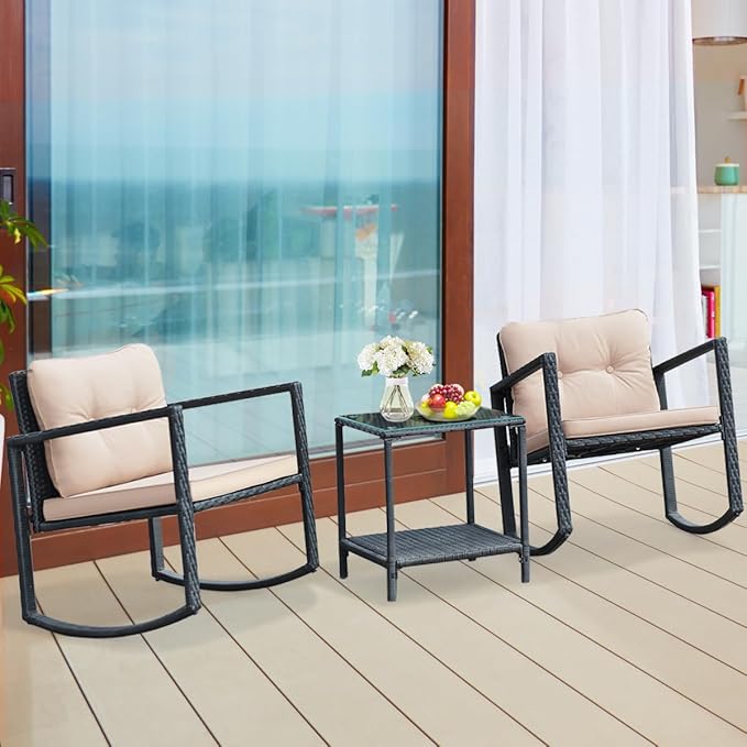 COSTWAY 3 Pieces Patio Rattan Rocking Chair Set, Outdoor Conversation Furniture Sets with Coffee Table, Storage Shelf and Cushions, Modern Bistro Set for Porch, Backyard, Garden, Beige