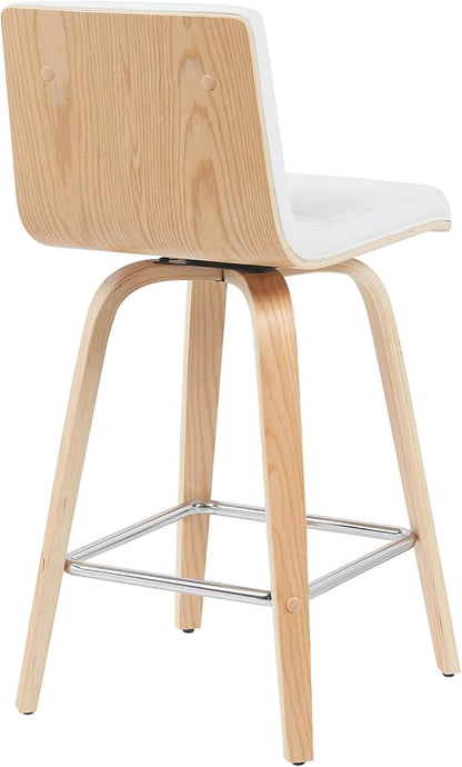 Vienna Modern Counter Height Swivel Bar Stool with White Faux Leather Seat and Patterned Oak Wood Frame Set of 3