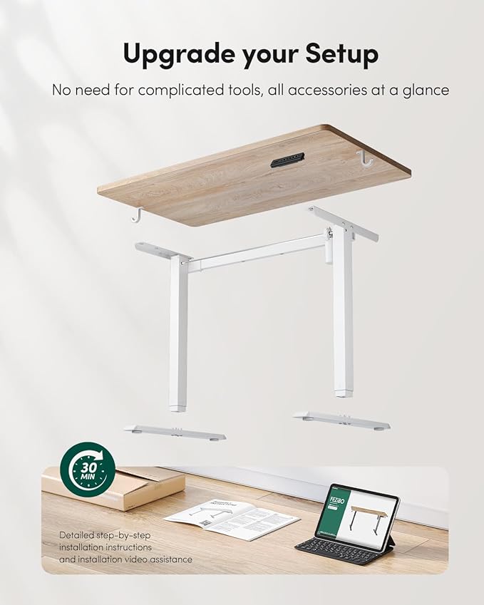 FEZIBO One-Piece Standing Desk Adjustable Height Stand up Home Office Desk, 55x24 Inch Electric Standing Computer Desk, with 4 Memory Presets, Headphone Hook, Light Walnut
