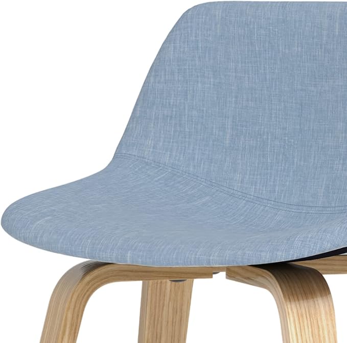 SIMPLIHOME Randolph Counter Stools (Set of 2) - 28 Inch Seat Height Upholstered Bentwood Kitchen Seats in Denim Blue Polyester Linen, Mid Century Modern Seating with Curved Backrest and Footrest