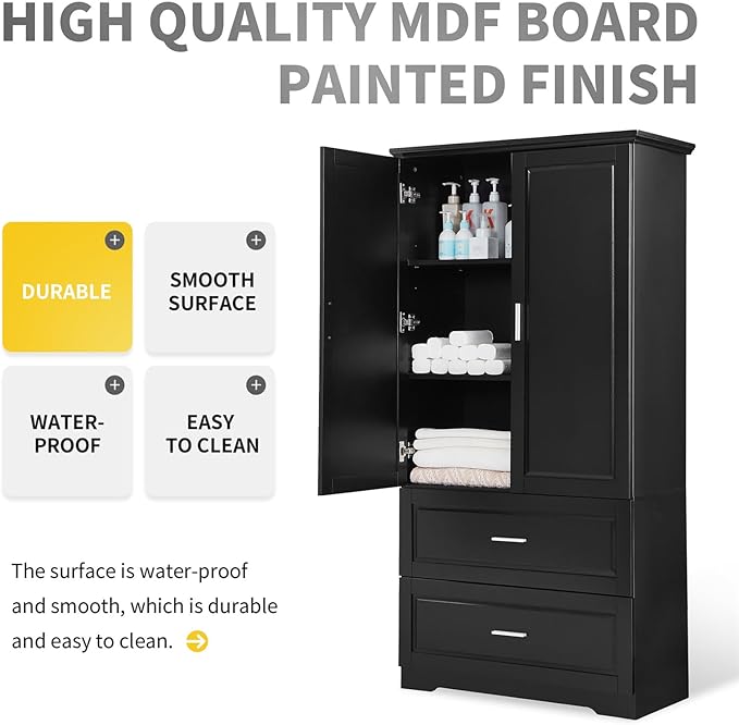 Polibi Tall Storage Cabinet with 2 Drawers, 3-Tier Adjustable Shelves & 2 Doors, Floor Free-Standing Cabinet for Bathroom, Living Room, Black, 63.2" H*32" W