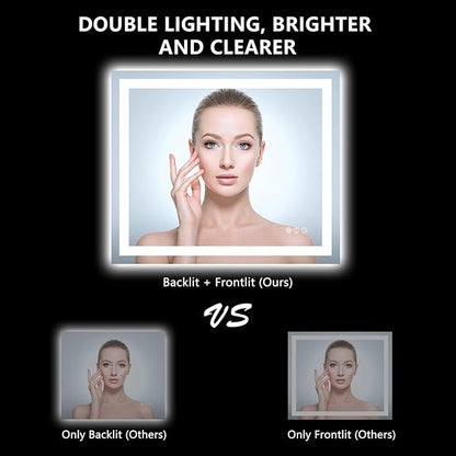 28x36 Inch LED Bathroom Mirror with Lights Front and Backlit Lighted Vanity Mirror for Bathroom Wall with 3 Colors Dimmable Anti-Fog Memory Shatter-Proof IP54 Waterproof Horizontal/Vertical