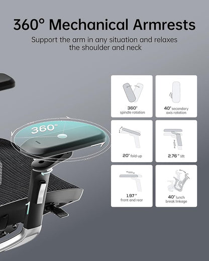 Hbada E3 Ultra Ergonomic Office Chair, Big and Tall Office Chairs - with 3-Zone Dynamic Lumbar Support, 360° Mechanical Armrests, 4D Adjustable Headrest, Aluminum Alloy, Premium Mesh Chair, Black