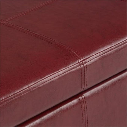 SIMPLIHOME Kingsley 48 inch Wide Transitional Rectangle Large Storage Ottoman in Radicchio Red Vegan Faux Leather, Assembled, For the Living Room, Entryway and Family Room