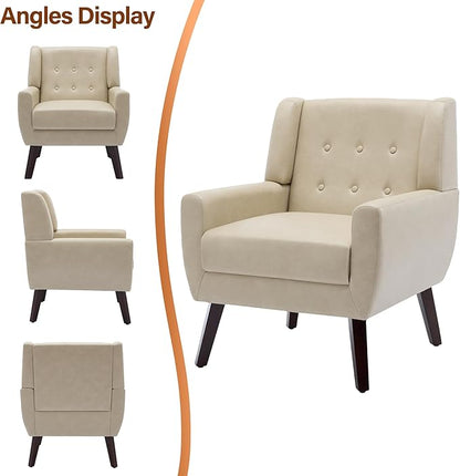 Accent Chair, Modern Faux Leather Armchair for Living Room, Comfy Upholstered Arm Chair Tufted for Indoor Bedroom Office Room (P Cream)