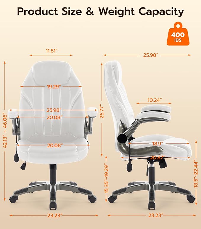 Office Desk Chair, Ergonomic Computer Chair with Padded Flip-Up Arms and Adjustable Lumbar Support, PU Leather Executive Chair with Tilt Lock and 360° Swivel Rolling Wheels for Work, Study