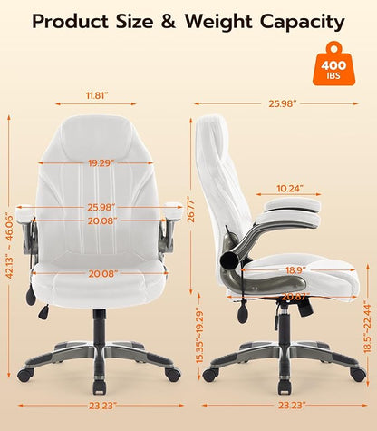 Office Desk Chair, Ergonomic Computer Chair with Padded Flip-Up Arms and Adjustable Lumbar Support, PU Leather Executive Chair with Tilt Lock and 360° Swivel Rolling Wheels for Work, Study