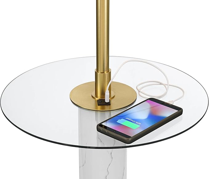 Possini Euro Design Bellini Modern 65" Tall Standing Floor Lamp with Tray Table USB Port Pull Chain Gold Metal Faux Marble Finish Living Room Bedroom House Reading Office Home Decor Entryway Dining