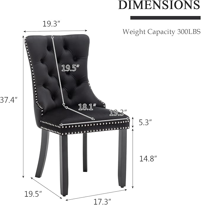 Velvet Dining Chairs Set of 2, Tufted Dining Room Chairs with Nailhead Ring Pull Trim, Upholstered Dining Chairs with Solid Wood Legs for Kitchen Dining Room (Black)