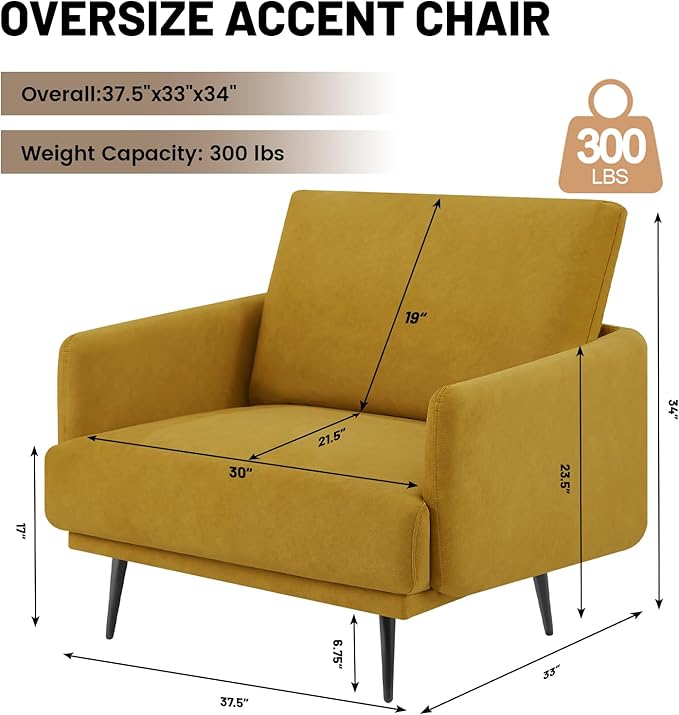 Oversized Accent Chair for Living Room Chairs Reading Arm Chair Comfy Modern Single Sofa Side Chairs with Metal Legs & Soft Cushion for Bedroom, Waiting Room (Velvet Yellow, Set of 2)