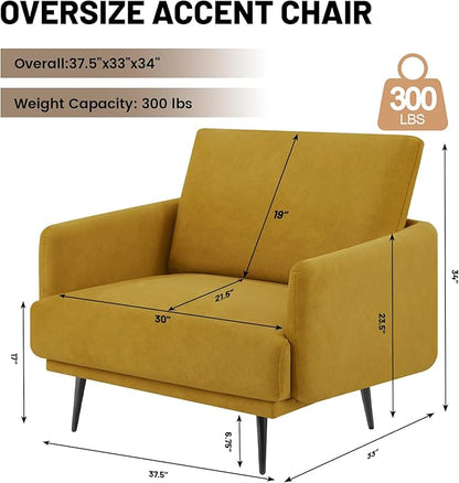Oversized Accent Chair for Living Room Chairs Reading Arm Chair Comfy Modern Single Sofa Side Chairs with Metal Legs & Soft Cushion for Bedroom, Waiting Room (Velvet Yellow, Set of 2)