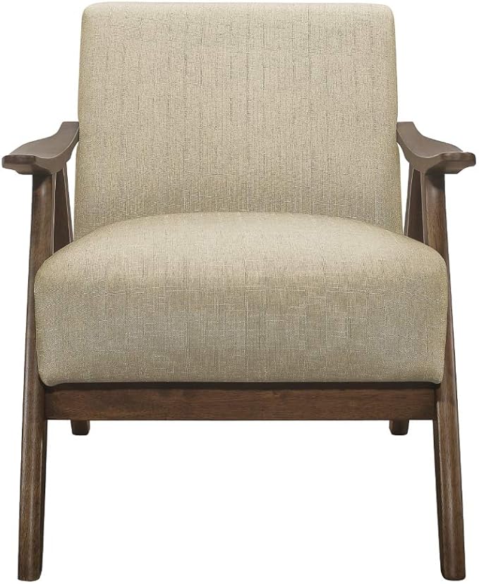 Lexicon Mid Century Modern Accent Chair with Solid Wood Frame in Walnut Finish, Upholstered Living Room Lounge Arm Chair, Thick and Comfy Innerspring Seat Cushion, Linen-Look Fabric, Light Brown