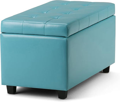 SIMPLIHOME Cosmopolitan 34 inch Wide Transitional Rectangle Storage Ottoman in Soft Blue Vegan Faux Leather, Assembled, For the Living Room, Entryway and Family Room