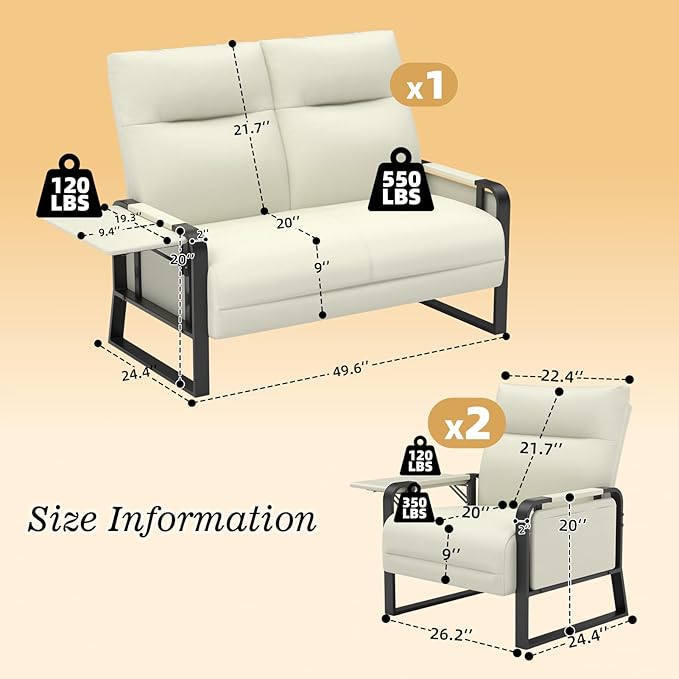 Faux Leather Sectional Couches for Living Room 3 Piece Loveseat and Chair Set with Flip Up Tray Tables Side Pockets Modern Modular Sectional Sofa for Office (2-Seat+1-Seat+1-Seat, Beige)